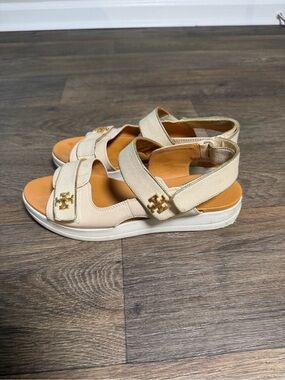 Tory Burch Kira Sport Cream and Tan Gold-Logo Velcro Sport Sandals